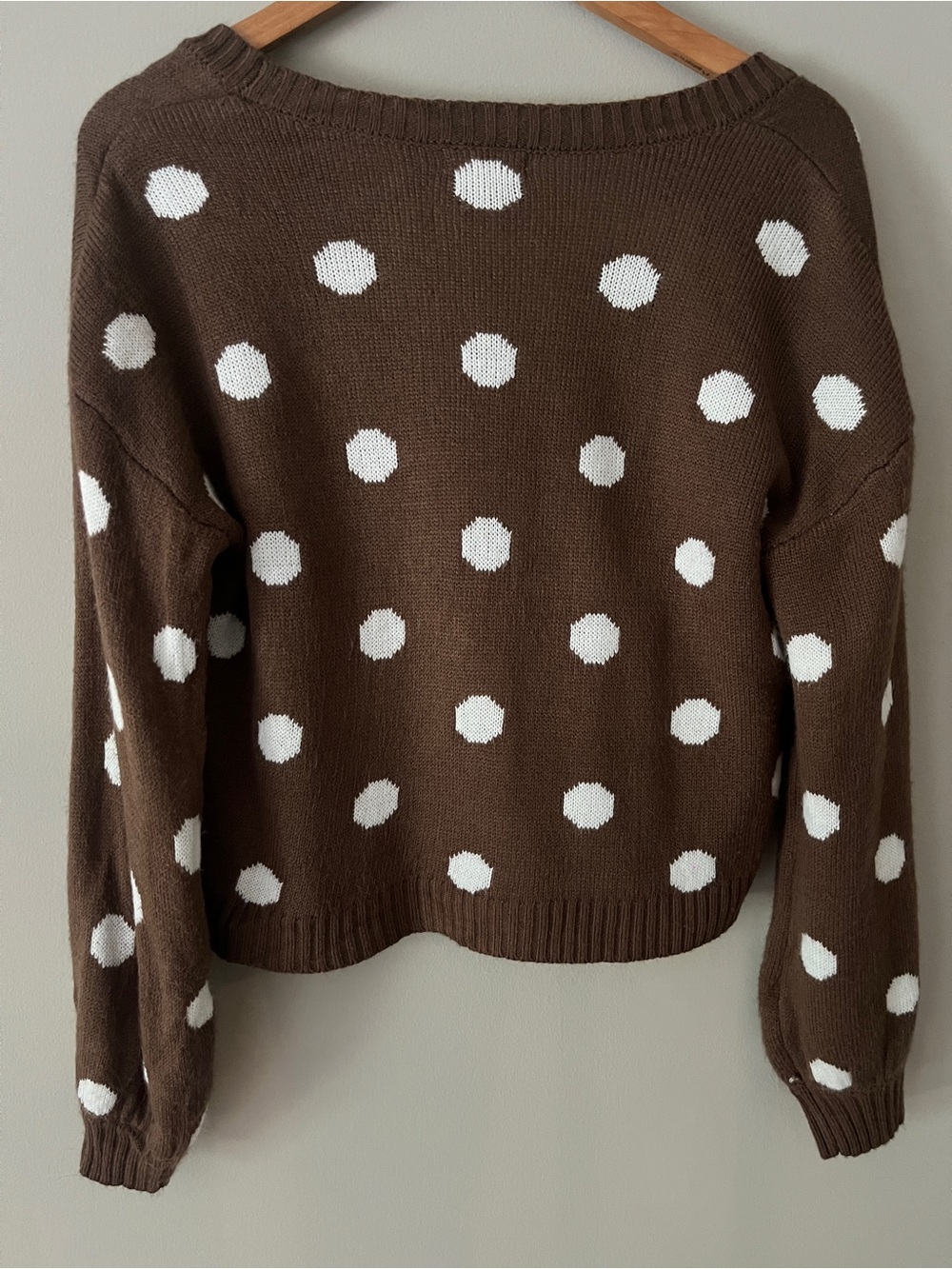 Polka Dot V-Neck Cardigan Sweater - Brown & White - Picture 2 of 3